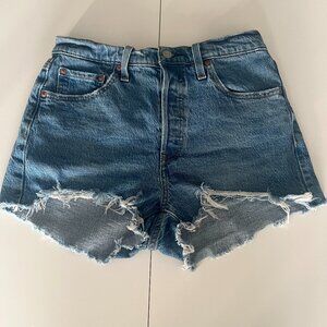Levis's 501 Shorts Womens 28 High Rise Button Fly Distressed Raw Hem Denim